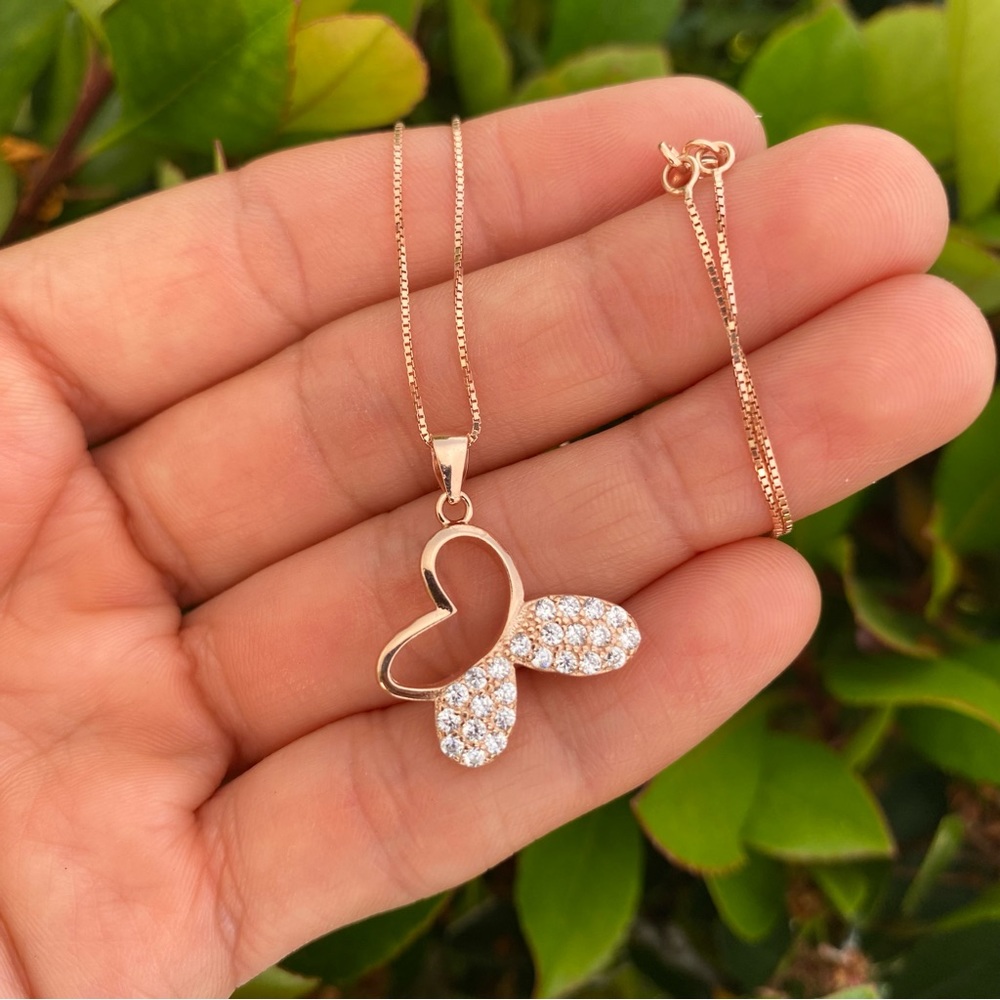 925 Sterling Silver Butterfly Necklace Rose Gold Clear CZ  Mariposa plata 925